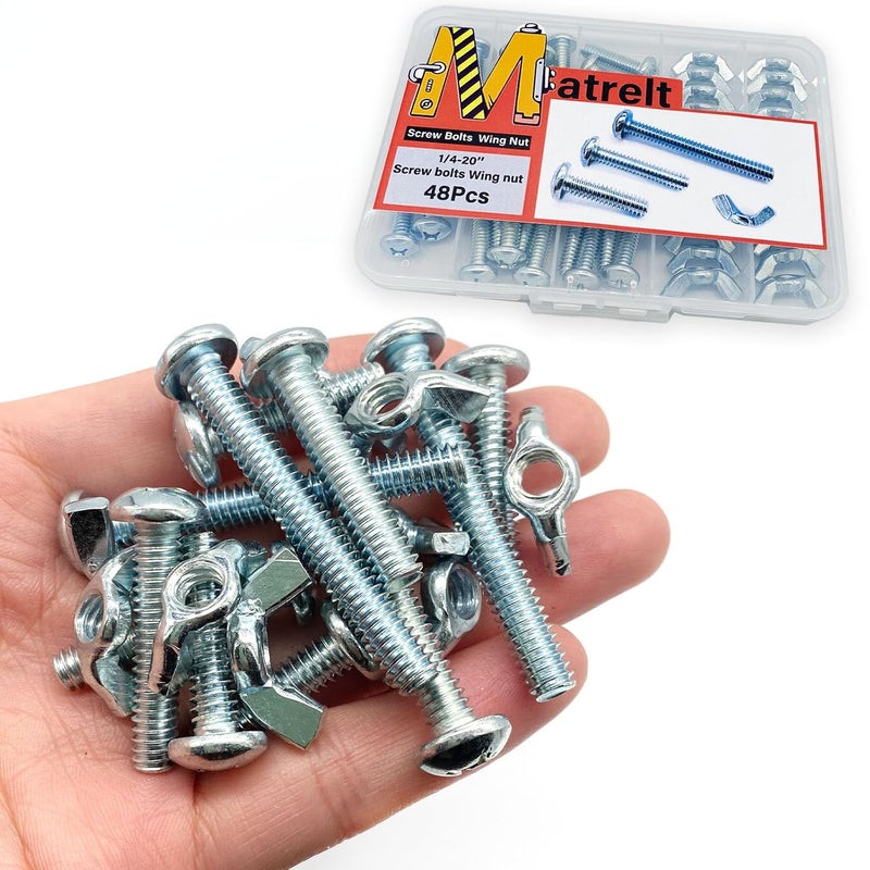 Matrelt 48Pack 1/4"-20 1-2Inch 3 Sizes Screw Bolts and Wing Nut Kit 24pcs Machine Screws with Round Head Phillips 24pcs Butterfly Hand Twist Tighten Nut Zinc Plated Hardware Fitting Fastenings Kit - Image 1